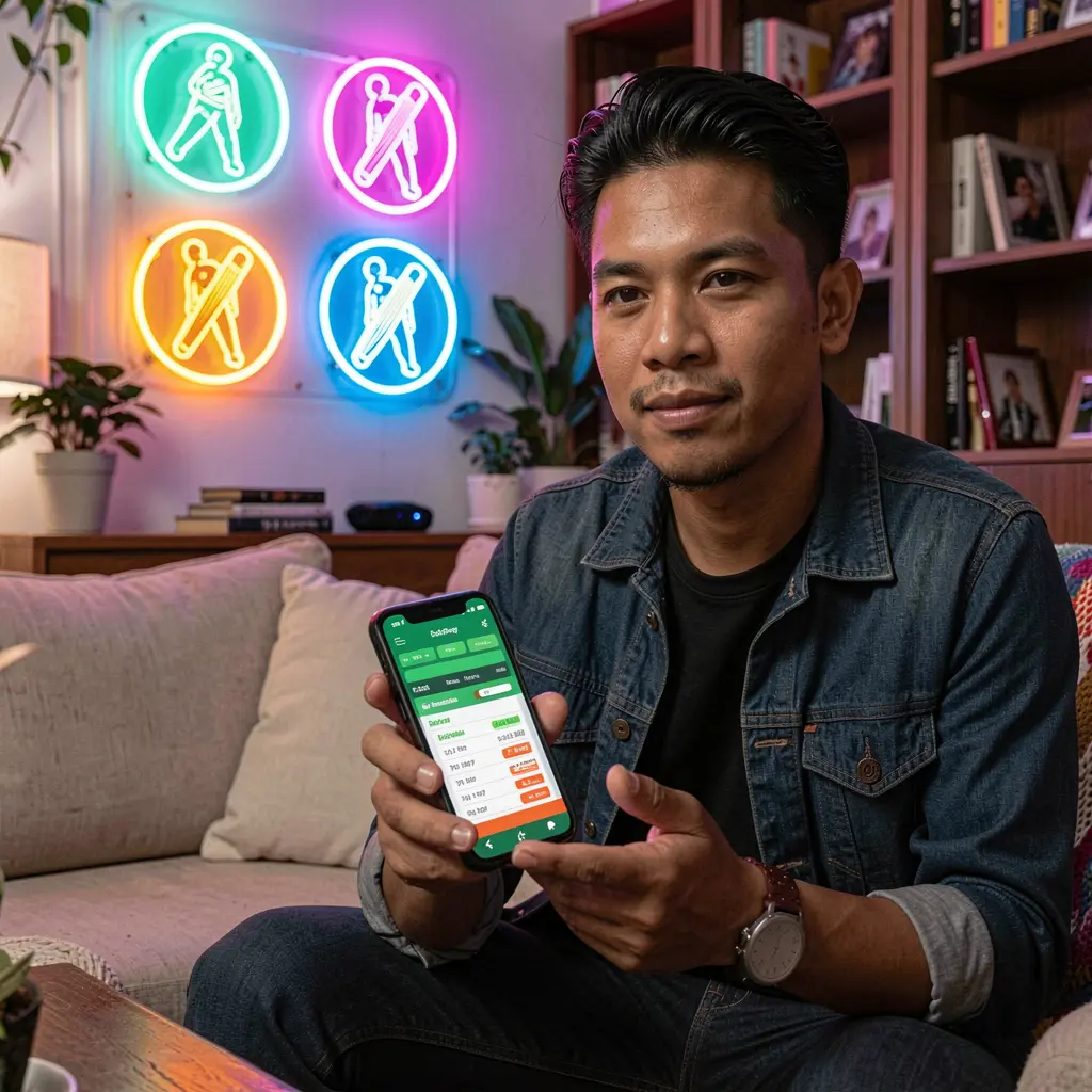 Focused Filipino player using the VIPER88 sports betting app on his phone with glowing cricket icons and neon lights in a cozy living room