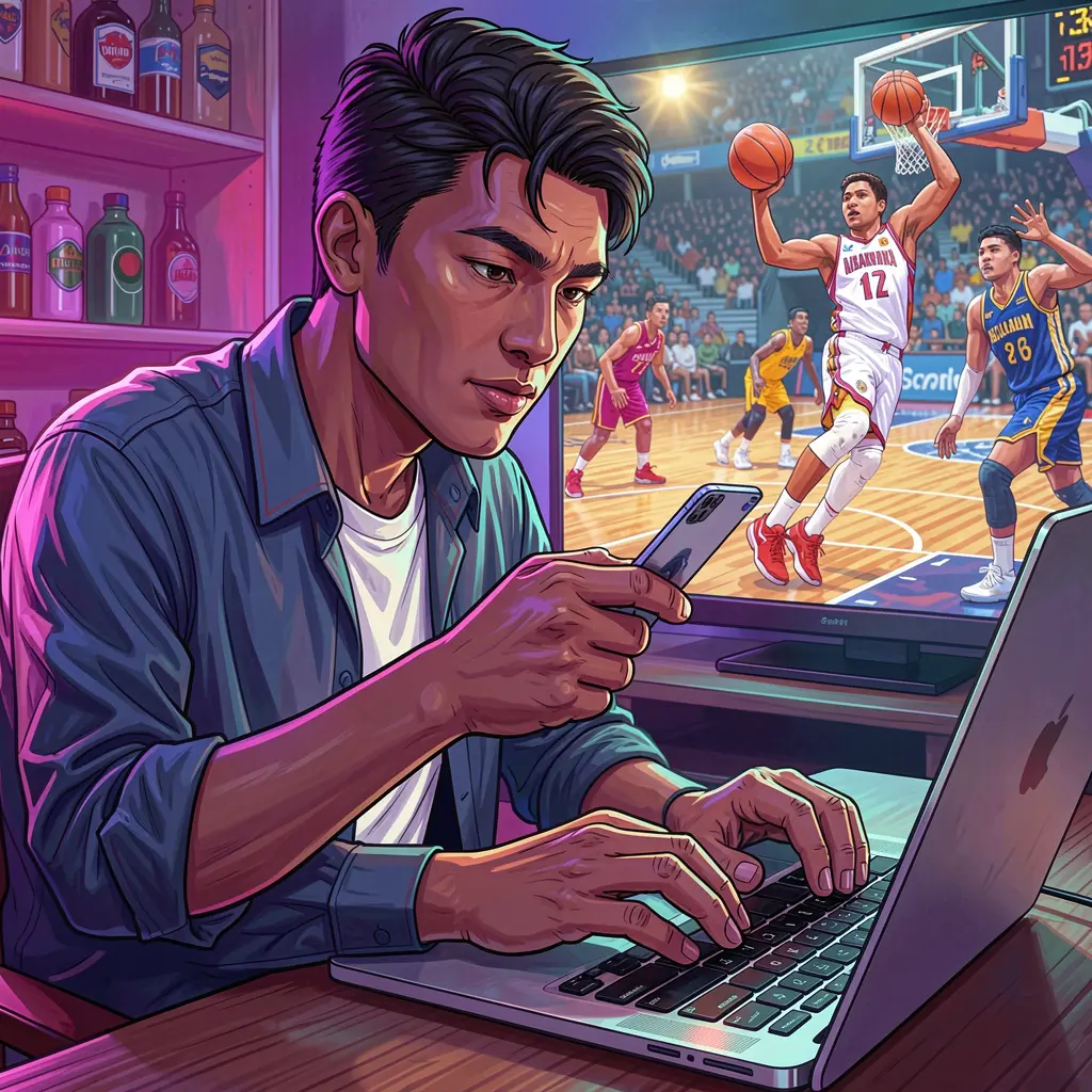 Focused Filipino sports bettor analyzing basketball odds on a laptop with live game visuals while using the VIPER88 betting platform