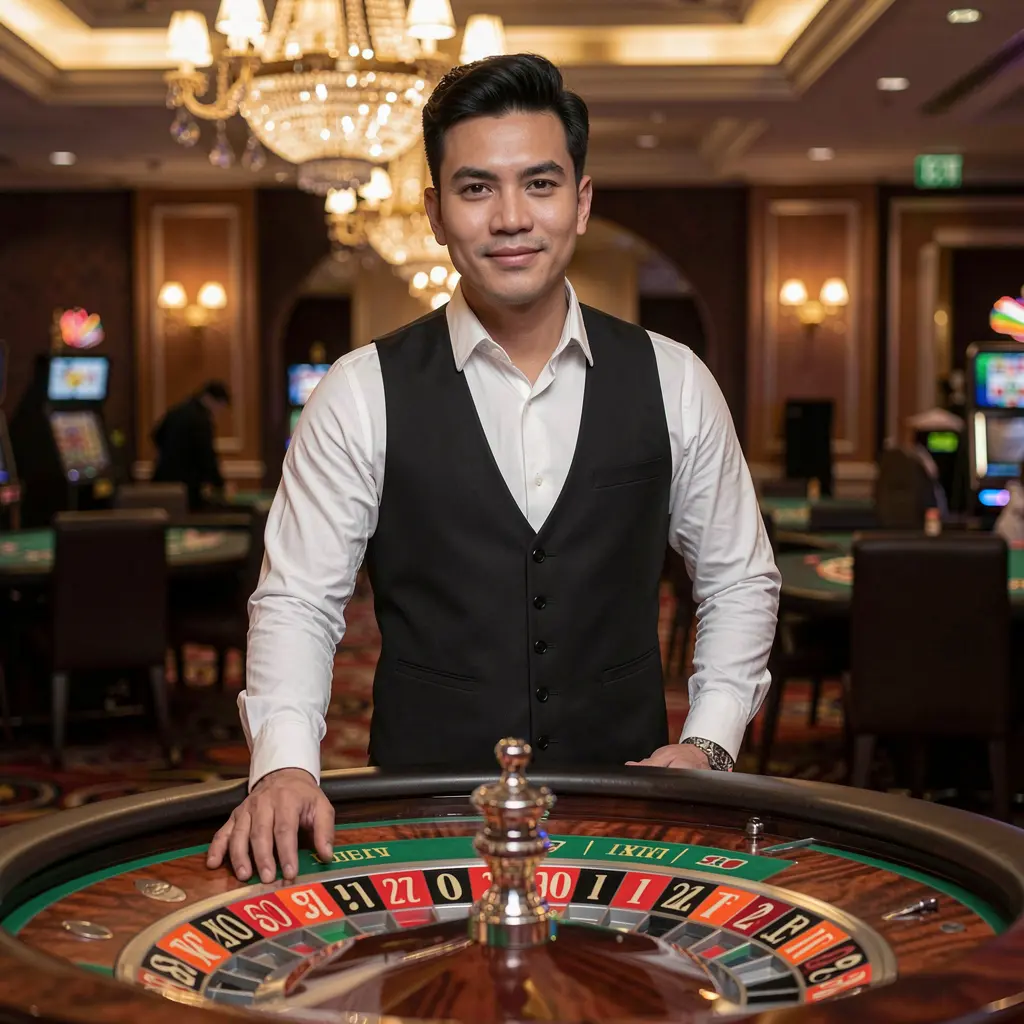 Professional live casino dealer standing at a glowing roulette table in a luxury casino atmosphere representing the high quality live casino games available at VIPER88 Philippines