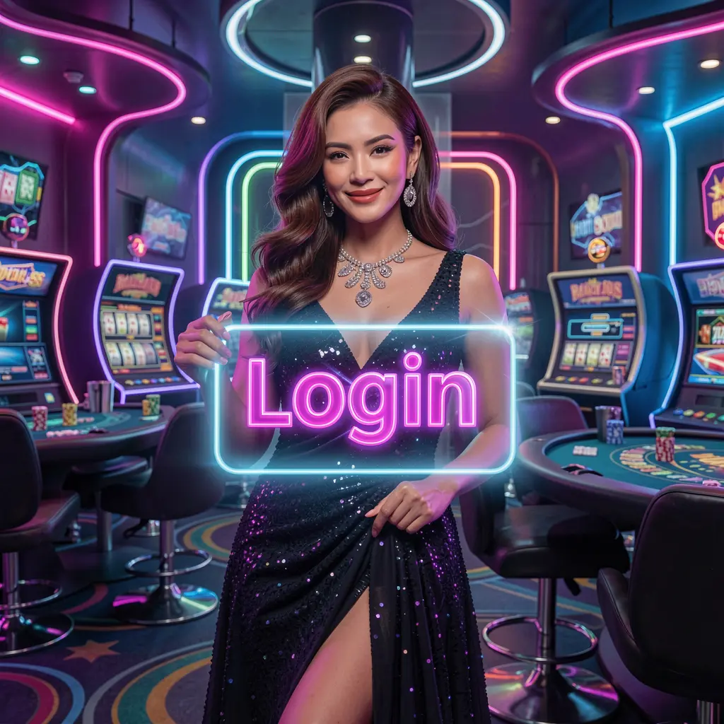 Confident Filipino woman in a colorful gown holding a glowing login card inside a modern casino atmosphere representing VIPER88 in the Philippines