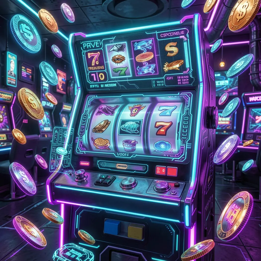 Futuristic slot machine with glowing reels and floating coins showcasing the high energy casino experience of VIPER88 for players in the Philippines